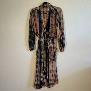 Cofur Denmark Tie Dye Full Embroidered Boho Silk Bardot Kimono Robe S/M Hippie